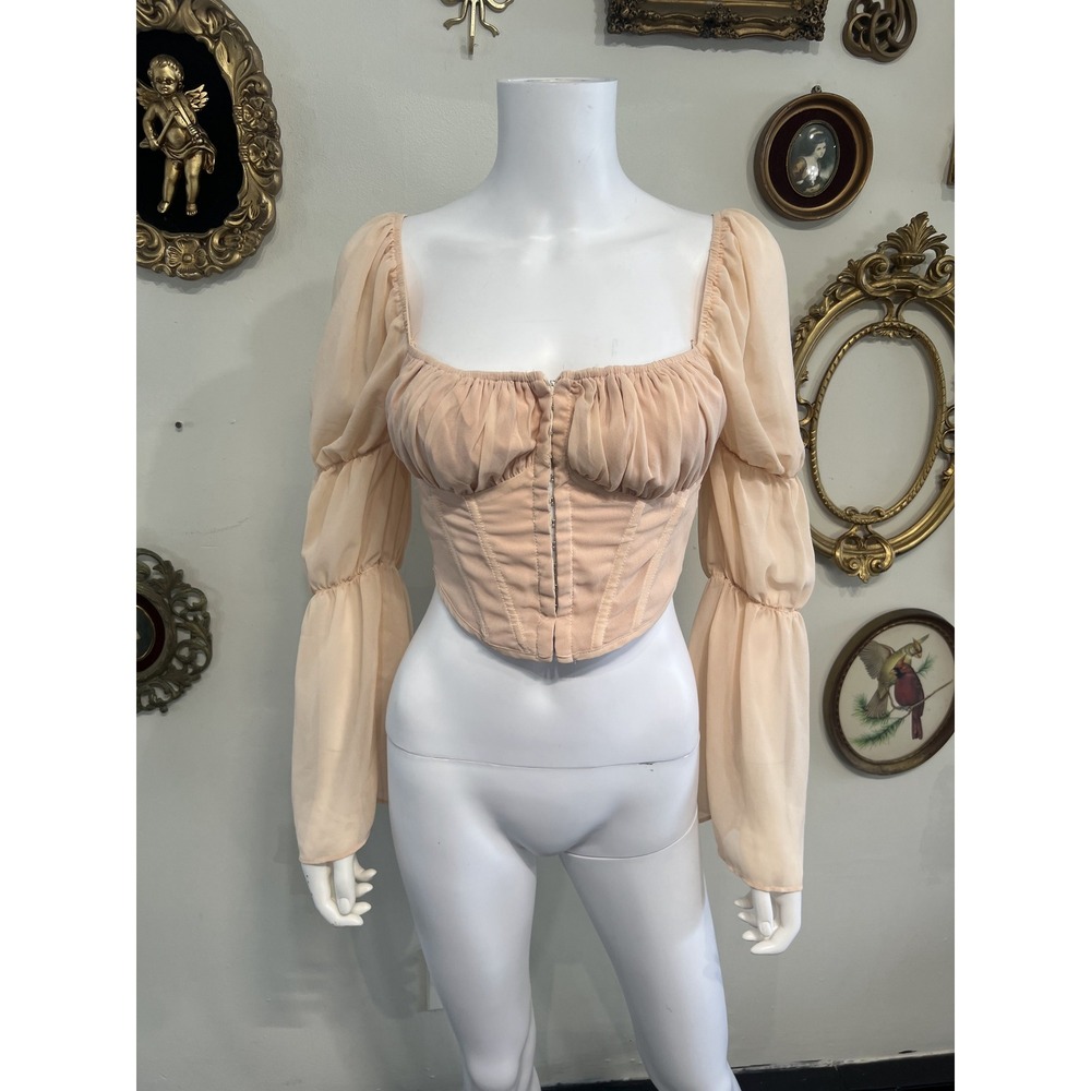 Princess Polly Nude Pink Sheer Long Sleeve Corset Bustier Crop Top Size US 2